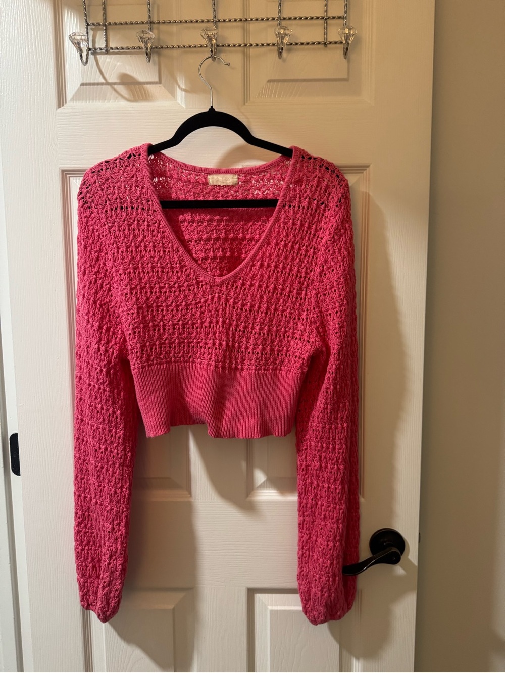 Altar'd State Hot Pink Open-Knit V-Neck Cropped Sweater